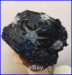 Unusual Edwardian Early 1920s Navy Blue Straw Cloche With Fab Trimmings AS FOUND
