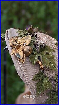 Unusual Victorian 19th C Faille Bonnet W Velvet Leaves + Gold Pins, Lace Lappets