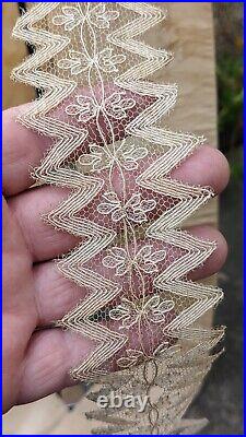 Unusual Victorian 19th C Faille Bonnet W Velvet Leaves + Gold Pins, Lace Lappets