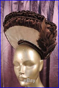 Unusual Victorian 19th C Ruched Two Tone Velvet Bonnet Hat W Feathers