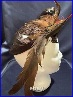 Unusual Vintage C1930-40 Brown Asymmetric Tilt Toque Hat With Bird + Feathers