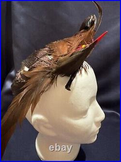 Unusual Vintage C1930-40 Brown Asymmetric Tilt Toque Hat With Bird + Feathers