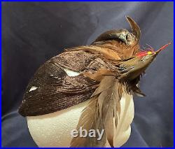 Unusual Vintage C1930-40 Brown Asymmetric Tilt Toque Hat With Bird + Feathers