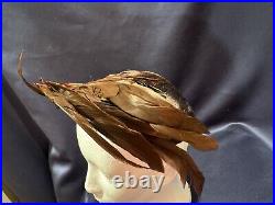 Unusual Vintage C1930-40 Brown Asymmetric Tilt Toque Hat With Bird + Feathers