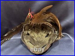 Unusual Vintage C1930-40 Brown Asymmetric Tilt Toque Hat With Bird + Feathers