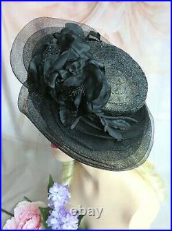 VINTAGE 1930-40 HORSEHAIR HAT Gretchen Weber Pasadena CA wide BRIM Black ROSES