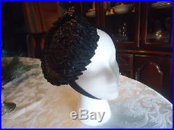 VINTAGE 1930s 1940s Glossy Black Rafia Tilt, Toy Hat With BAKELITE CHIN STRAP