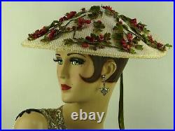 VINTAGE 1940-50s'NEW LOOK' HAT, BIRDIE ORIGINAL, IVORY WIDE BRIM w ROSEBUDS