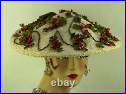 VINTAGE 1940-50s'NEW LOOK' HAT, BIRDIE ORIGINAL, IVORY WIDE BRIM w ROSEBUDS