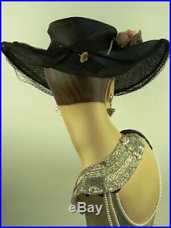 VINTAGE 1940s WAVING WIDE BRIM PICTURE HAT IN BLACK FINE MILAN STRAW w PINK ROSE