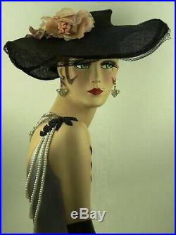 VINTAGE 1940s WAVING WIDE BRIM PICTURE HAT IN BLACK FINE MILAN STRAW w PINK ROSE