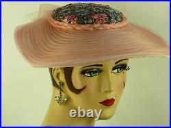VINTAGE 1950s FRENCH, JEAN PATOU ORIG.'NEW LOOK' HAT PINK w FLORAL RAFFIA CROWN