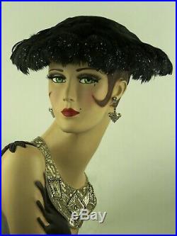 VINTAGE 1950s FRENCH, ORIG.'NEW LOOK' HAT, BLACK FEATHER w WHITE PAINT SPLATTER
