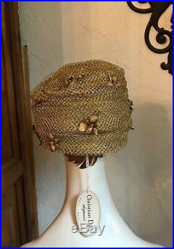 VINTAGE 1960s CHRISTIAN DIOR Gold Net Turban Hat Chapeaux NWT
