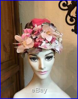 VINTAGE 1960s SCHIAPARELLI Pink Tulle Garden Flowers Hat Chapeaux