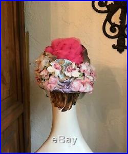 VINTAGE 1960s SCHIAPARELLI Pink Tulle Garden Flowers Hat Chapeaux
