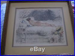 VINTAGE ANTOINE CALBET LITHOGRAPH OF SLEEPING NUDE WOMAN with YELLOW HAT