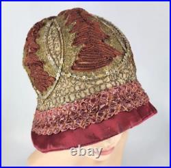 VINTAGE COUTURE c. 1920's SEQUINED SILK FLAPPER CLOCHE HAT RARE FIND