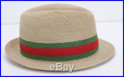 VINTAGE GUCCI Green Red WEB Womens Striped Straw Fedora Sun Brim Beach Hat NEW