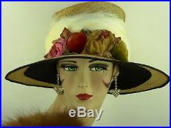 VINTAGE HAT 1910s STRAW & BLACK SILK WIDE BRIM DAY HAT w WHITE FEATHERS & VELVET