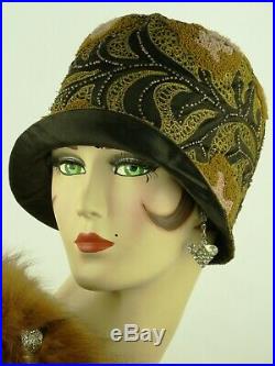 VINTAGE HAT 1920s BEADED CLOCHE, IN BLACK, GOLD & AUTUMN HUES OF WOOL EMBROIDERY