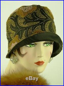 VINTAGE HAT 1920s BEADED CLOCHE, IN BLACK, GOLD & AUTUMN HUES OF WOOL EMBROIDERY