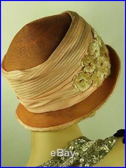VINTAGE HAT 1920s BEAUTIFUL PINK CLOCHE SATIN, VELVET FLOWERS & DECO HAT FLASH
