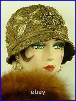 VINTAGE HAT 1920s CLOCHE GLITTERING GOLD SEQUIN BEADED PETAL BRIMMED FLAPPER HAT
