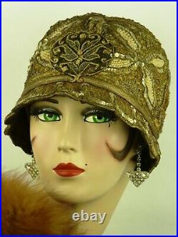 VINTAGE HAT 1920s CLOCHE GLITTERING GOLD SEQUIN BEADED PETAL BRIMMED FLAPPER HAT