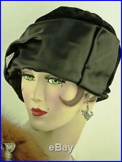 VINTAGE HAT 1920s CLOCHE HAT BEAUTIFUL BLACK VELVET & SATIN, w RHINESTONE JABOT