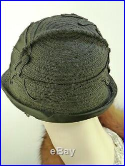 VINTAGE HAT 1920s CLOCHE HAT, BLACK & SATIN LEAVES, w RHINESTONE DECO HAT FLASH