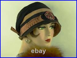 VINTAGE HAT 1920s CLOCHE HAT, DEEP BLUE & FAWN PLEATING, BEADWORK & DECO HATPIN
