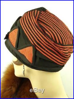 VINTAGE HAT 1920s CLOCHE, ORIG, SUPERB, BLACK & RED CUBIST DECO INSPIRED DESIGN