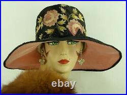 VINTAGE HAT 1920s CLOCHE WIDE BRIM POINT DE BEAUVAIS EMBROIDERY, BLACK & PINK