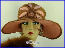 VINTAGE HAT 1920s DECO WIDE BRIM CLOCHE HAT, PINK SILK, STRAW & BIG FLOWER FRONT