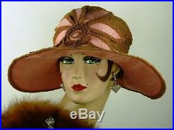 VINTAGE HAT 1920s DECO WIDE BRIM CLOCHE HAT, PINK SILK, STRAW & BIG FLOWER FRONT