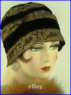 VINTAGE HAT 1920s FRENCH'GEORGETTE RYS' HELMET CLOCHE & CLUTCH PURSE BLK & GOLD