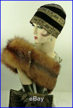 VINTAGE HAT 1920s FRENCH'GEORGETTE RYS' HELMET CLOCHE & CLUTCH PURSE BLK & GOLD