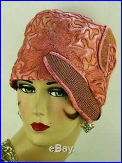 VINTAGE HAT 1920s USA, BEAUTIFUL PINK CLOCHE, SILK, STRAW w SOUTACHE EMBROIDERY