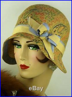 VINTAGE HAT 1920s USA, EXCEPTIONAL CLOCHE, LASDON NY & PARIS, HAND PAINTED STRAW
