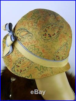 VINTAGE HAT 1920s USA, EXCEPTIONAL CLOCHE, LASDON NY & PARIS, HAND PAINTED STRAW