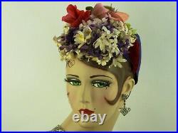 VINTAGE HAT 1930s FRENCH, CAROLINE REBOUX, PURPLE FELT, VELVET RIBBONS & FLOWERS
