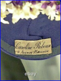 VINTAGE HAT 1930s FRENCH, CAROLINE REBOUX, PURPLE FELT, VELVET RIBBONS & FLOWERS