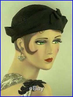 VINTAGE HAT 1930s FRENCH, DECO CALOT HAT, BLACK SISAL w ICONIC'SAILOR' SHAPING