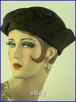 VINTAGE HAT 1930s FRENCH, DECO CALOT HAT, BLACK SISAL w ICONIC'SAILOR' SHAPING