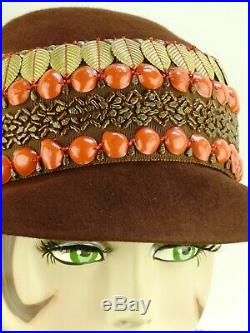 VINTAGE HAT 1930s LILLY DACHE, BROWN FELT, BEAUTIFULLY TRIMMED ASYMMETRIC SLOUCH