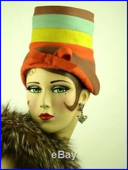 VINTAGE HAT 1930s USA, JEAN ARLETT STOVEPIPE HAT STRIPED FELT w MATCHING HAT PIN