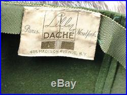 VINTAGE HAT 1930s V RARE LILLY DACHE OLIVE GREEN FELT ROBIN HOOD HAT w FEATHERS