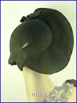 VINTAGE HAT 1940s LILLY DACHE BLACK FELT LADIES DAY HAT, BETTY BOOP, BOWS HATPIN