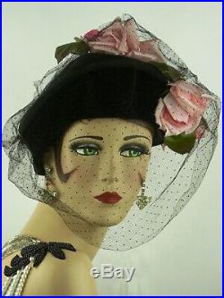 VINTAGE HAT 1940s LILLY DACHE, BLACK HIGH FRONT HAT, PINK ROSES, VEIL & HAT PINS